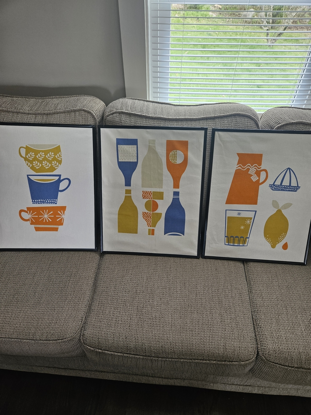 Set of Three Kitchen Fiber Art Prints - Blue, Orange, Yellow